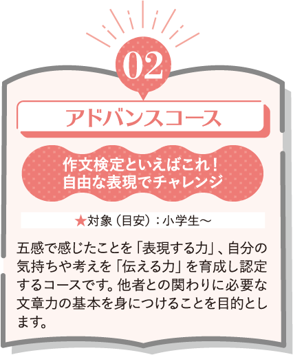 02 アドバンスコース 作文検定といえばこれ! 自由な表現でチャレンジ ★対象(目安):小学生~ 五感で感じたことを「表現する力」、自分の気持ちや考えを「伝える力」を育成し認定するコースです。他者との関わりに必要な文章の基本を身につけることを目的とします。