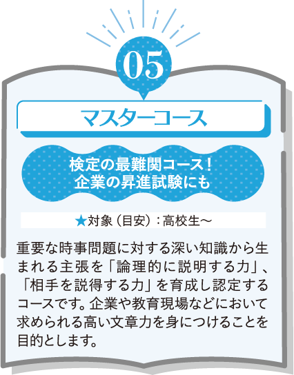 05 マスターコース 検定の最難関コース! 企業の昇進試験にも ★対象(目安):高校生~ 重要な時事問題に対する深い知識から生まれる主張を「論理的に説明する力」、「相手を説得する力」を育成し認定するコースです。企業や教育現場などにおいて求められる高い文章力を身につけることを目的とします。
